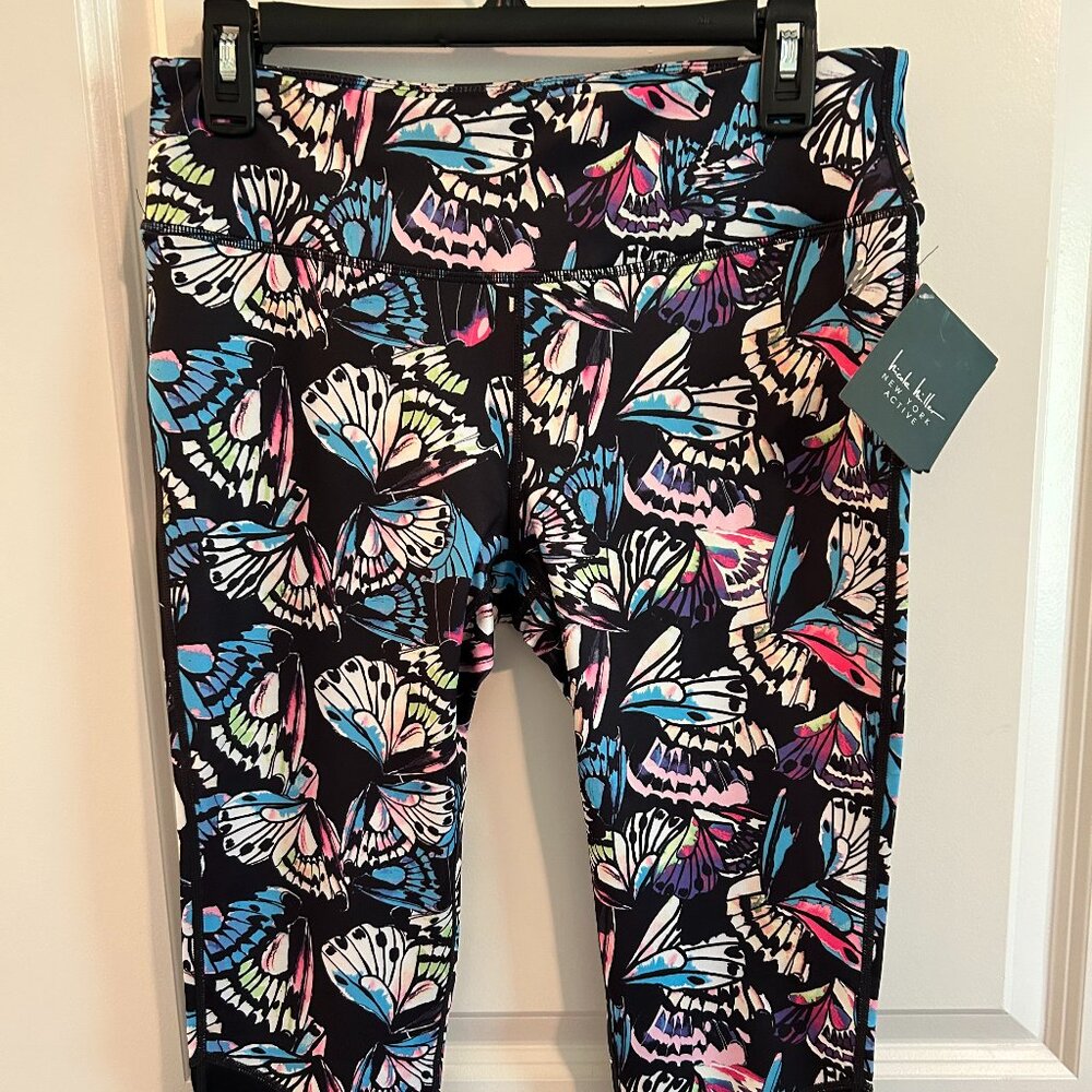 Nicole Miller New York Active Crop Leggings Black Multicolor Butterflies Medium
